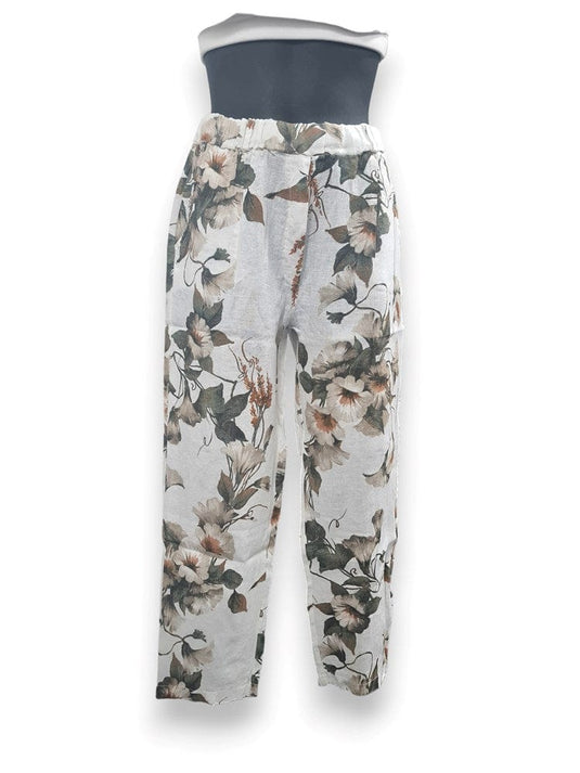 E.Talia Wimens Roma Floral Linen Pant - White Floral