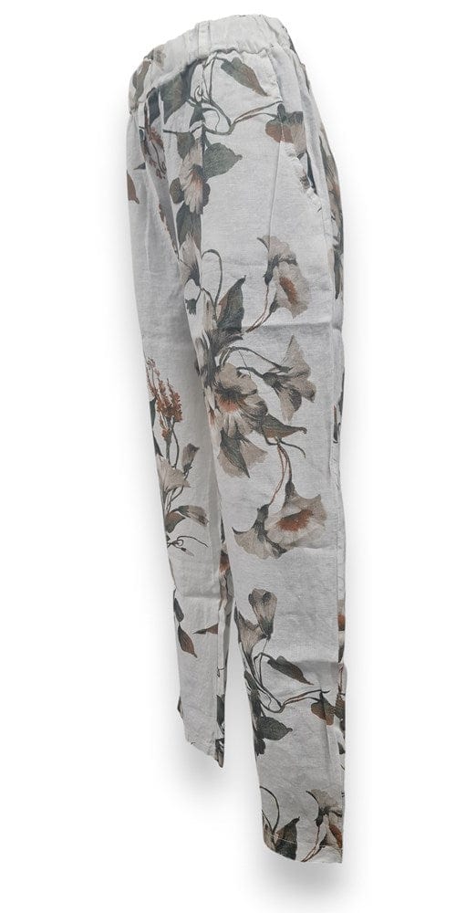 E.Talia Wimens Roma Floral Linen Pant - White Floral