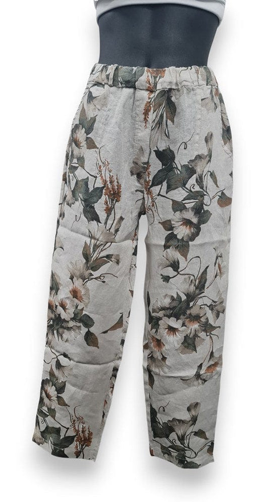 E.Talia Wimens Roma Floral Linen Pant - Beige Floral