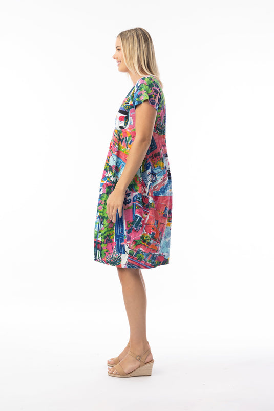 Orientique Womens Printed Cotton Dress Bubble Short Sleeve - Scooter