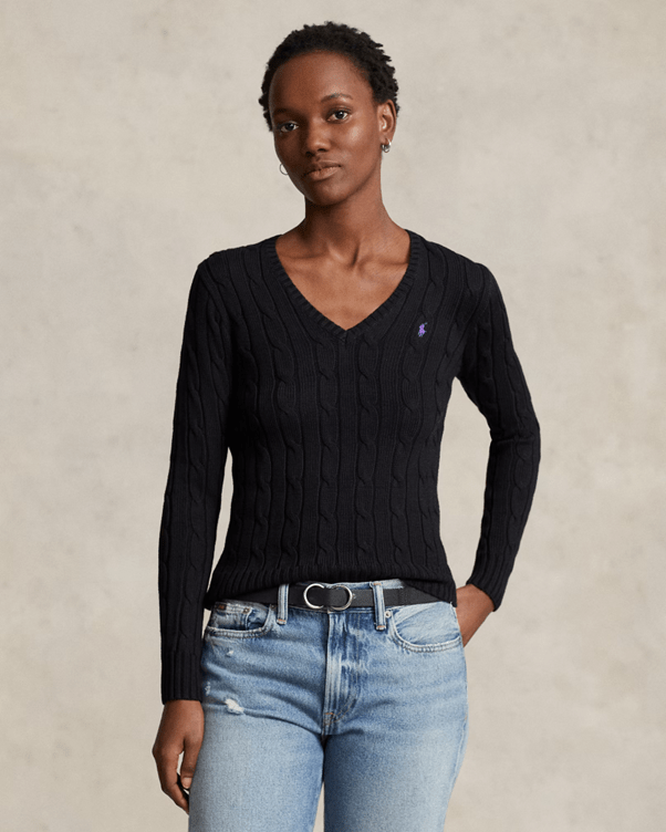 Ralph Lauren Womens Cable-Knit Cotton V-Neck Jumper