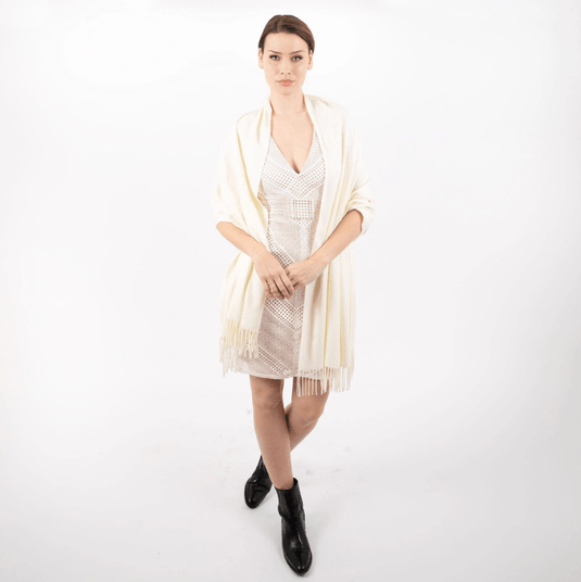 Dents Womens Plain Pashmina Shawl with Tassels - Ivory