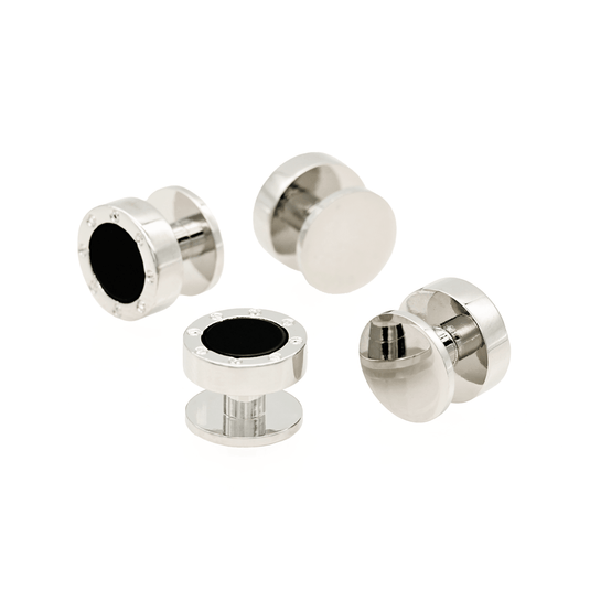 Cudworth Mens Round Rhodium Cartier with Onyx and Screw Back Stud