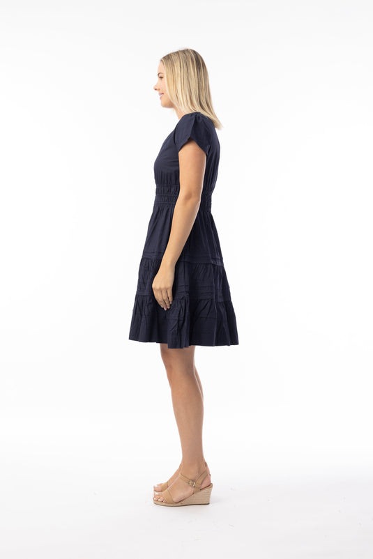 Orientique Womens Poplin Essentials Dress Short Ruched - Navy