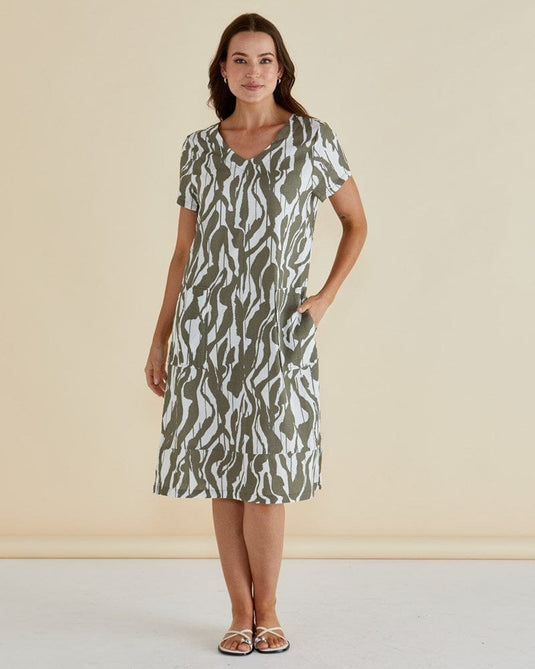 Betty Basics Womens Elwood Dress - Olive Geometric Print