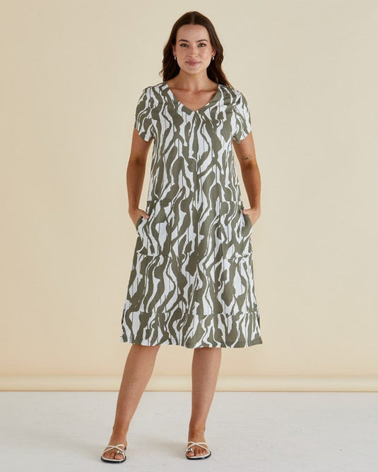 Betty Basics Womens Elwood Dress - Olive Geometric Print