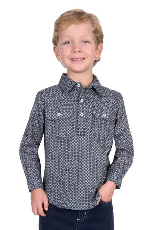 Hard Slog Kids Tomson 1/2 Placket Long Sleeve Shirt - Navy/Tan