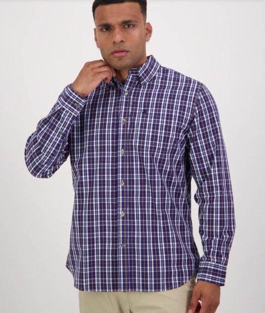 Swanndri Mens Eders Long-Sleeve Shirt - Navy/Merlot Check