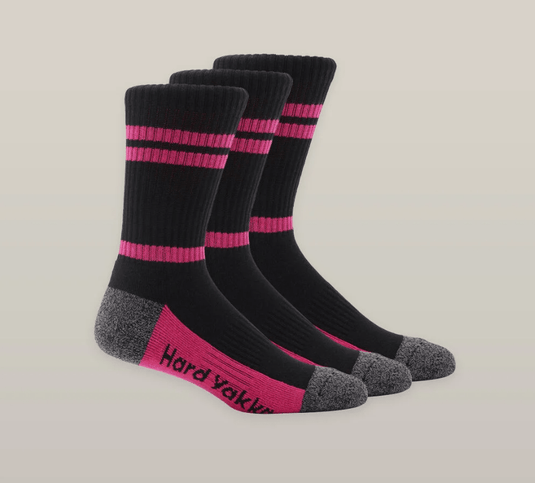 Hard Yakka Womens 3pk Crew Sock - Pink/Black