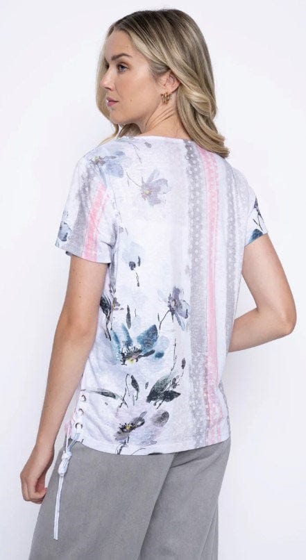 Picadilly Womens Side-Ruched Printed Top With Zigzag Lace