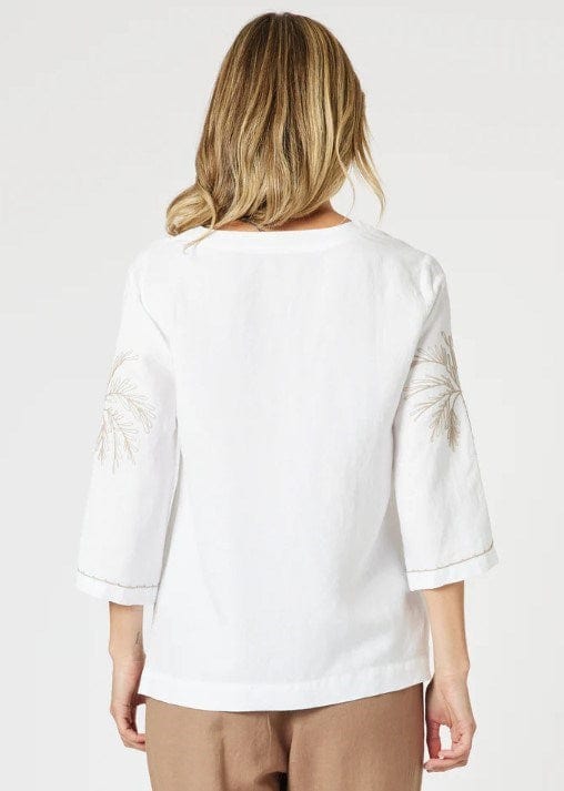 Gordon Smith Womens Palm Embroidery Lino Top - White/Natural