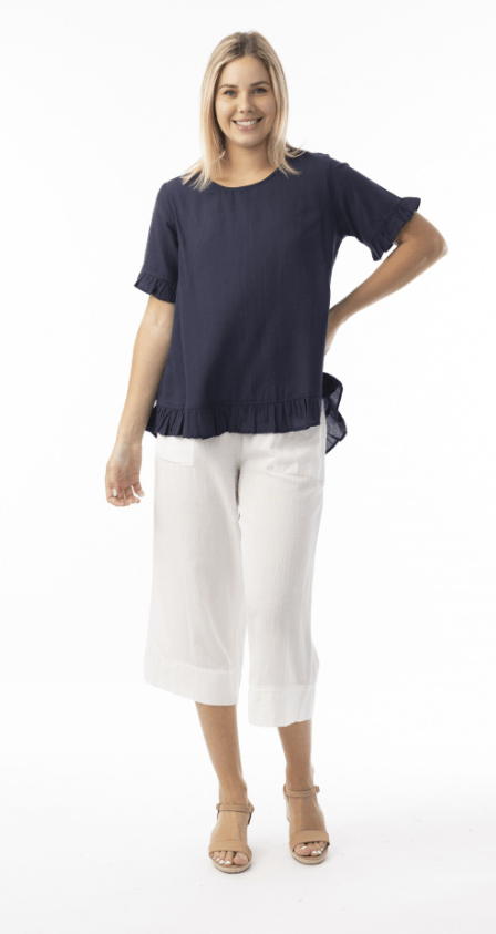 Orientique Womens Linen Essentials Top Frill - Navy