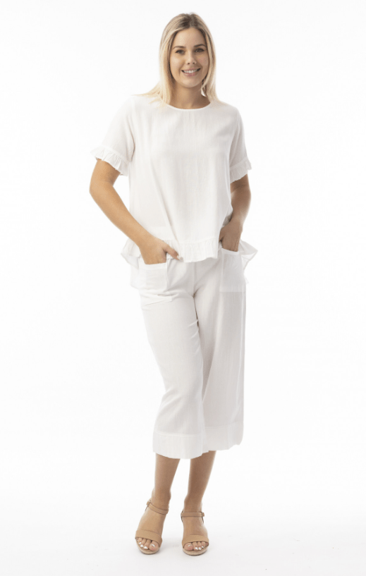 Orientique Womens Linen Essentials Top Frill - White