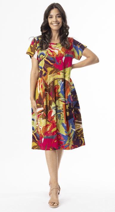 Orientique Womens Printed Cotton Bubble Short Sleeve Dress - Leaves Red