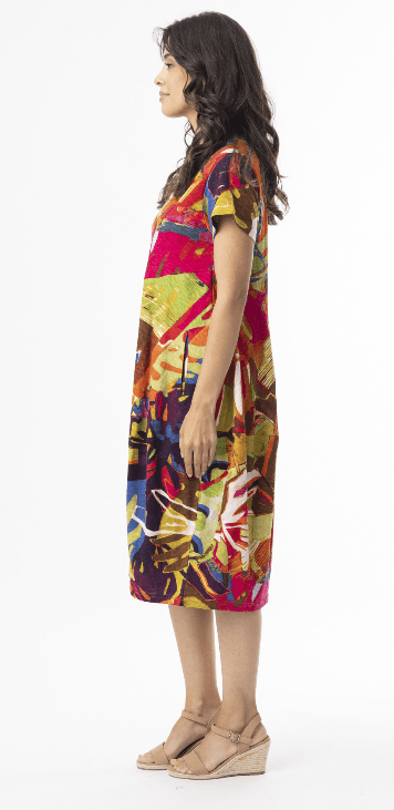 Orientique Womens Printed Cotton Bubble Short Sleeve Dress - Leaves Red