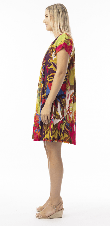 Orientique Womens Printed Cotton Easy Fit Dress - Leaves Red