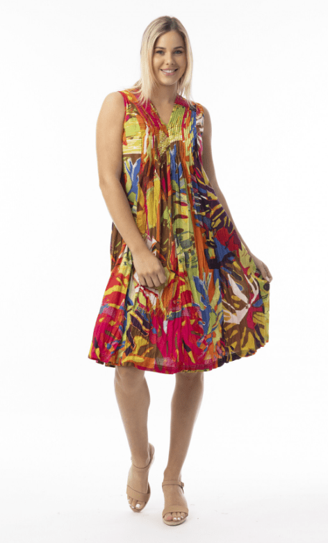 Orientique Womens Printed Cotton V neck Pleated Dress - Leaves Red