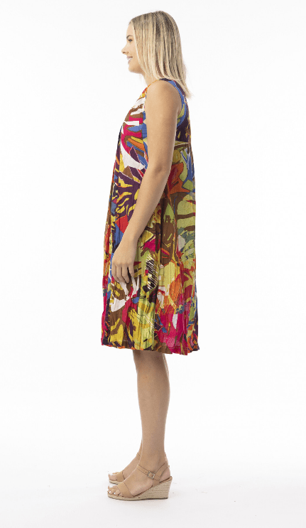 Orientique Womens Printed Cotton V neck Pleated Dress - Leaves Red