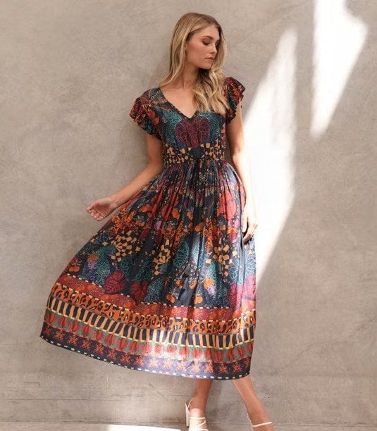 Holmes & Fallon Womens Tropical Print & Elastic Waist Dress