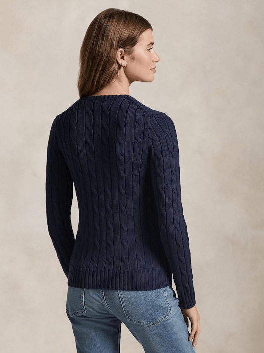 Ralph Lauren Womens Cable Knit V-Neck Cotton Sweater - Blue