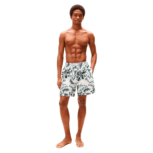 Tommy Hilfiger Mens Long Drawstring Floral Print Swim Short- Vintage Ivory