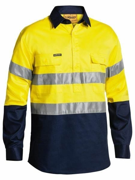 Bisley 2 Tone Closed Front Hi Vis Shirt 3M Tape - Long Sleeve