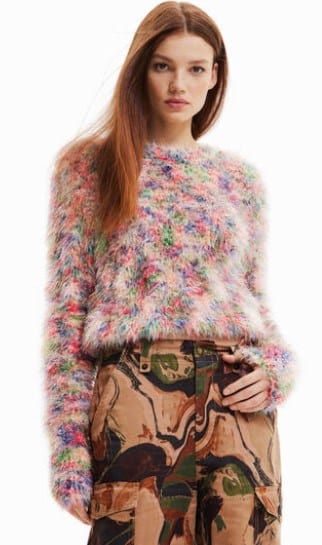 Desigual Womens Multicoloured Fur-Effect Jumper