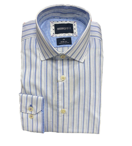 Brooksfield Mens Slim Fit Premium Cotton Print Shirt - Blue - Bigger Sizes