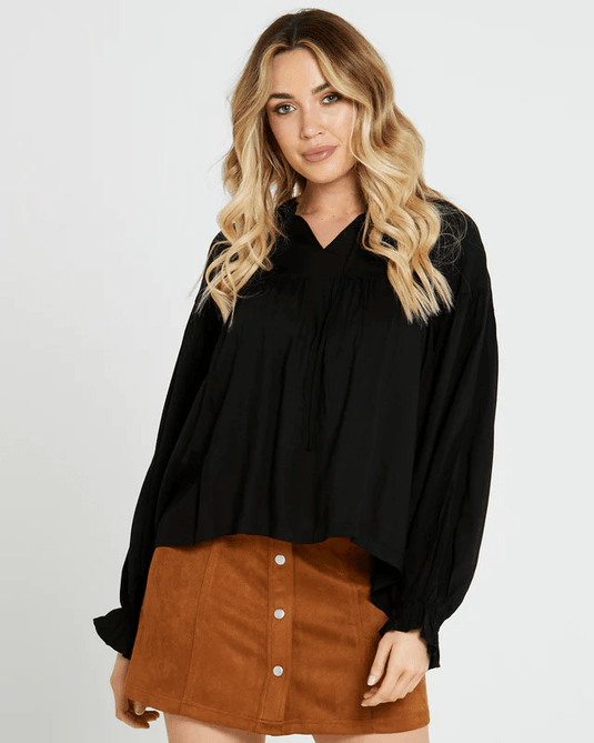 SASS Womens Tegan Solid Shirred Boho Top