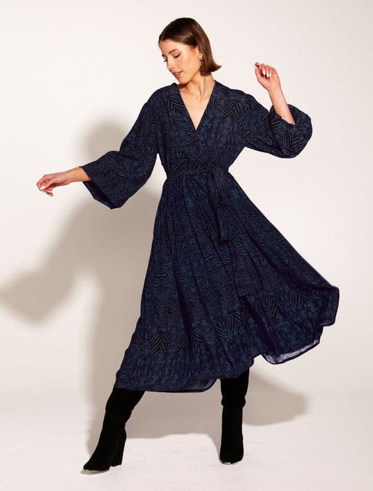 Fate & Becker Walking Flames Faux Wrap Midi Dress