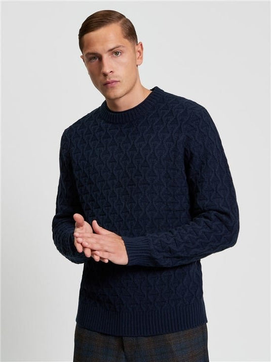 Ben Sherman Mens Cable Texture Crew - Dark Navy