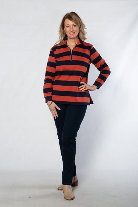 Equinox Womens Block Stripe Rugby w/ 1/2 Zip - Rust/Navy