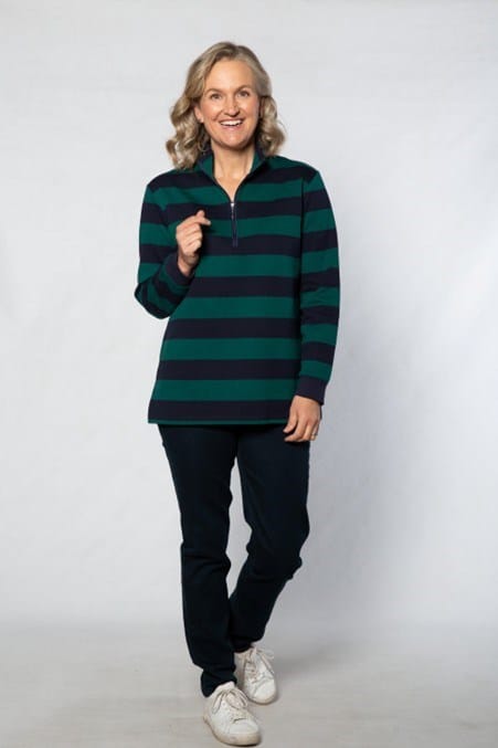 Equinox Womens Block Stripe Rugby w/ 1/2 Zip - Green/Navy