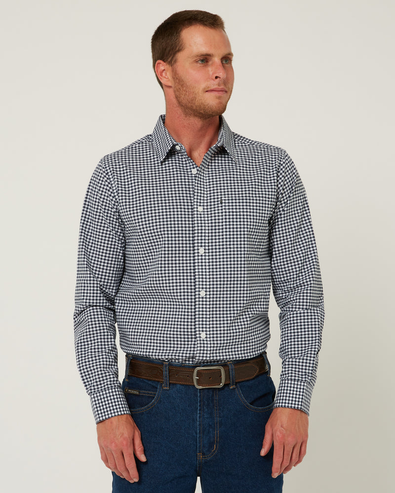 Load image into Gallery viewer, Pilbara Mens Long Sleeve Gingham Shirt - Navy/White
