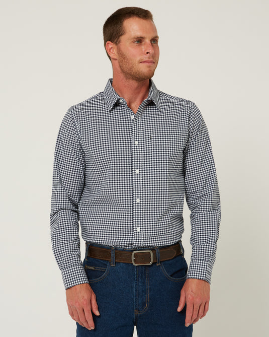 Pilbara Mens Long Sleeve Gingham Shirt - Navy/White