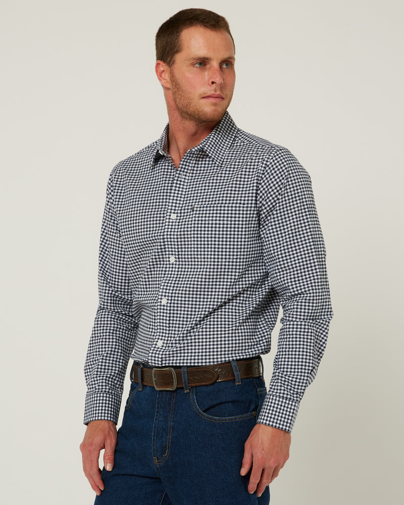 Load image into Gallery viewer, Pilbara Mens Long Sleeve Gingham Shirt - Navy/White
