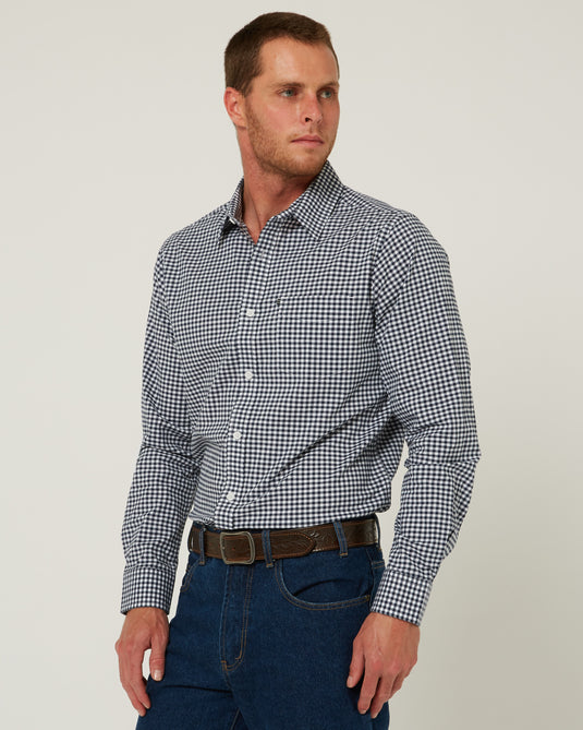 Pilbara Mens Long Sleeve Gingham Shirt - Navy/White