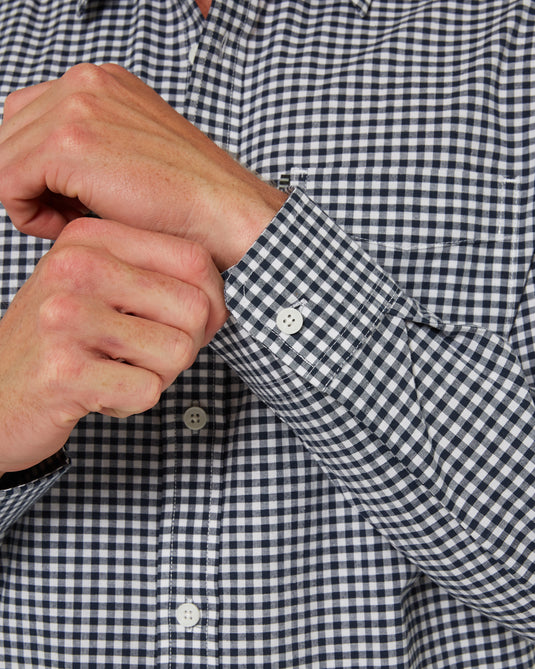 Pilbara Mens Long Sleeve Gingham Shirt - Navy/White
