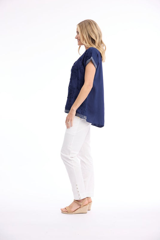 Orientique Womens Broderie Top Embellished