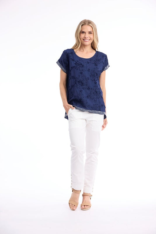 Orientique Womens Broderie Top Embellished