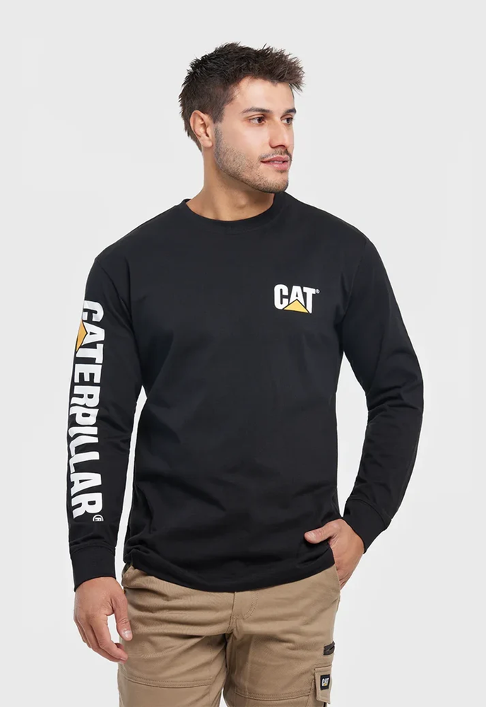 Load image into Gallery viewer, CAT Mens Trademark Banner Long Sleeve Tee - Black
