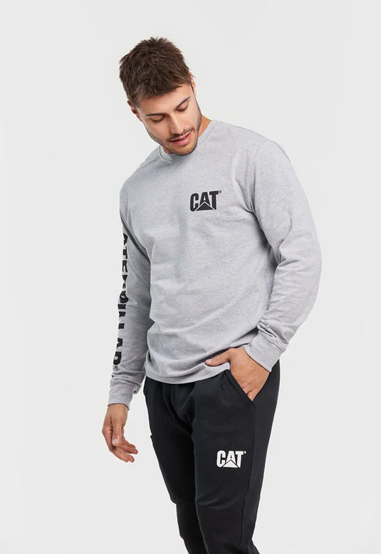 CAT Mens Trademark Banner Long Sleeve Tee - Heather Grey