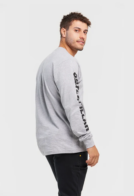 CAT Mens Trademark Banner Long Sleeve Tee - Heather Grey
