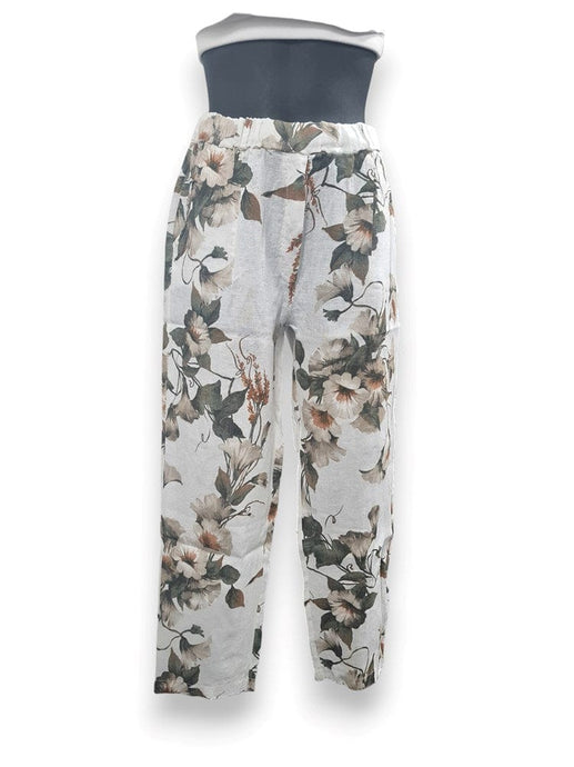 E.Talia Wimens Roma Floral Linen Pant - White Floral