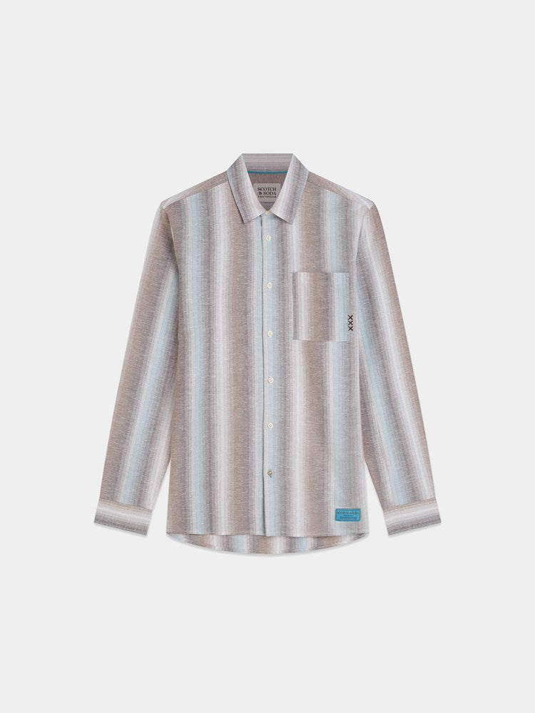 Load image into Gallery viewer, Scotch &amp; Soda Mens Striped Linen-Blend Shirt - Hot Fudge Stripe
