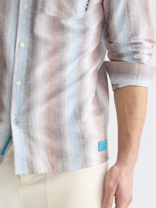 Scotch & Soda Mens Striped Linen-Blend Shirt - Hot Fudge Stripe