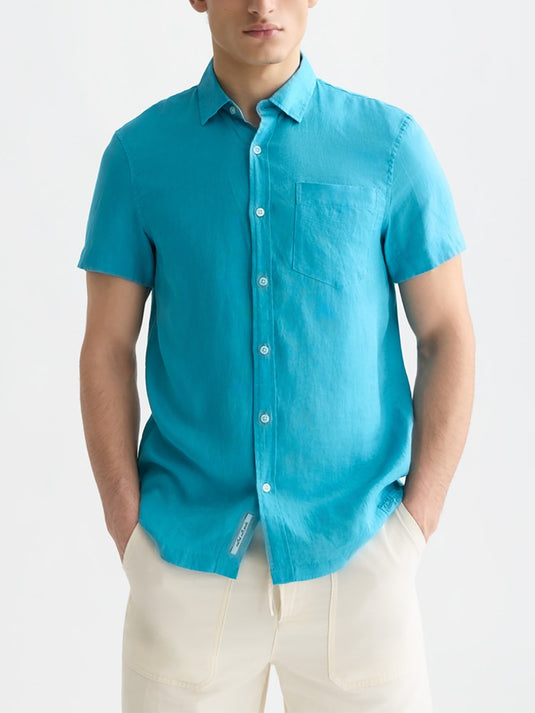 Scotch & Soda Mens Short Sleeved Linen Shirt - Tahitian Teal
