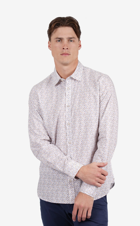 Load image into Gallery viewer, James Harper Mens Long Sleeve Peached Cotton Poplin Geo Print Sand
