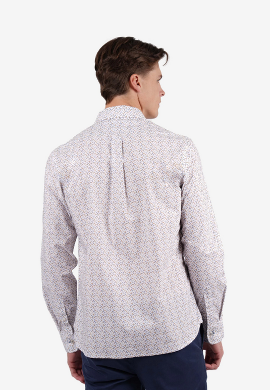 James Harper Mens Long Sleeve Peached Cotton Poplin Geo Print Sand