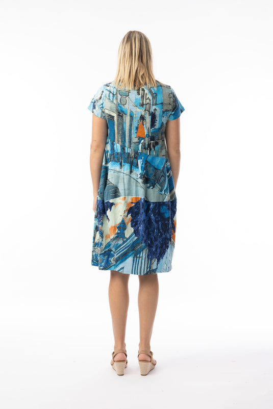 Orientique Womens Printed Cotton Dress Bubble Short Sleeve - Tower Blue